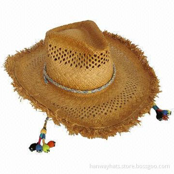 Raffia Straw Cowboy Hat, Multicolor Cord Trim, with Beads at the End